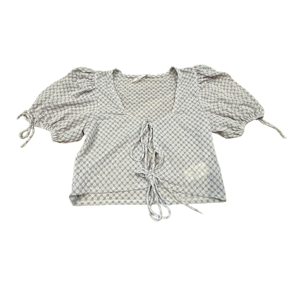 Free People Sheer Pastel Blue and Cream Front Tie Top